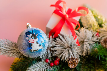 Christmas decoration on fir branch,painted ball with the symbol of the Year of the Ox hanging on the Christmas tree. Home decoration.Holiday decor idea. winter holidays.