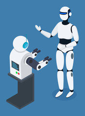 Robots communicating with each other, futuristic artificial intelligence, innovative humanized model of robot talking with android, cybernetic science, electronic droid with lamps, 3d isometric