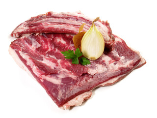 Raw Wild Boar Belly - Pork Meat with Bones isolated on white Background