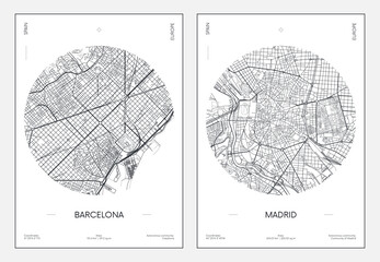 Travel poster, urban street plan city map Barcelona and Madrid, vector illustration