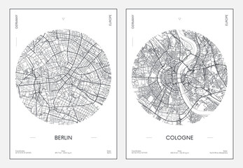 Travel poster, urban street plan city map Berlin and Cologne, vector illustration - obrazy, fototapety, plakaty