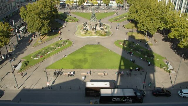 Revealing Pan Shot of Famous Place in Mannheim City from a Roof / Paradeplatz