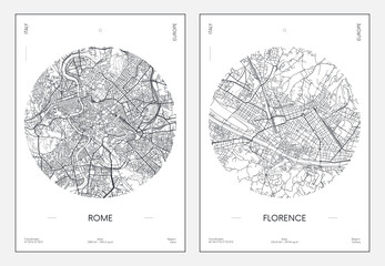 Naklejka na ściany i meble Travel poster, urban street plan city map Rome and Florence, vector illustration