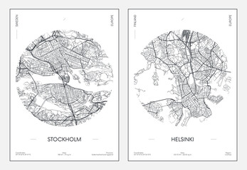 Travel poster, urban street plan city map Stockholm and Helsinki, vector illustration