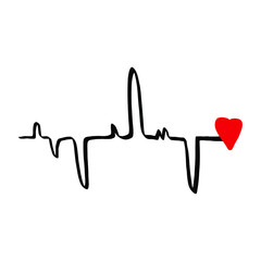 Black Heart cardiogram raster illustration mono line style. Romantic minimalism calligraphy love sign heartbeat. Hand drawn icon Valentines day wedding Medicine concept symbol for greeting card vector