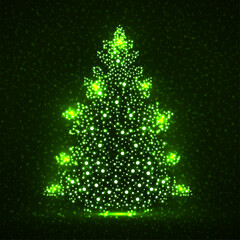 Abstract neon christmas tree with glowing particles. Vector illustration