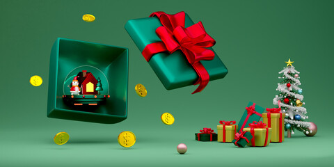 Gift box and snowman with gold coin and Christmas tree in green composition for website or poster or Happiness cards,Christmas banner and festive New Year, realistic 3d illustration or 3d render