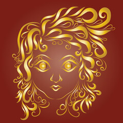 head of a princess girl with big eyes and curly yellow golden hair