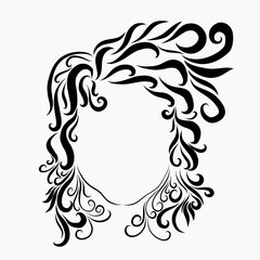 black and white head of a girl with creative hairstyle curly hair