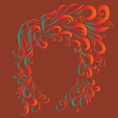 girl princess head with graceful hairstyle and curly long hair in turquoise orange colors