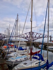 boats in the harbor with bridge in the back