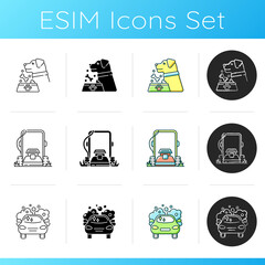 Housekeeping services icons set. Linear, black and RGB color styles. Car washing, domestic animals feeding and law mowing. Household chores, work around the house. Isolated vector illustrations