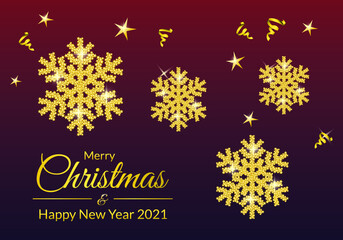 Happy new year 2021 background with golden snowflakes. New year celebration greeting with golden ribbons and stars. Vector illustration.