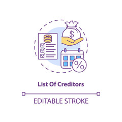 List of creditors concept icon. Financial report. Debtor document with information. Bankruptcy idea thin line illustration. Vector isolated outline RGB color drawing. Editable stroke