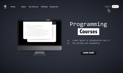 Programming courses banner. Learning coding on computer. Cyber education course concept. Studying creating program software. Vector on isolated white background. EPS 10