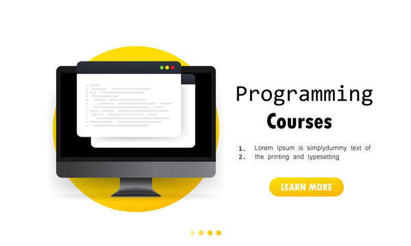 Programming courses illustration. Learning coding on computer. Cyber education course concept. Studying creating program software. Vector. EPS 10