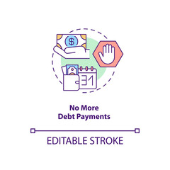 No more debt payment concept icon. Financial independence. Money savings. Credit free. Bankruptcy idea thin line illustration. Vector isolated outline RGB color drawing. Editable stroke