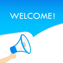 MobileHand holding megaphone with welcome text. Announcement. Loudspeaker. Banner for business, marketing and advertising. Vector on isolated background. EPS 10