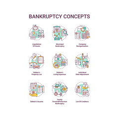 Bankruptcy concept icons set. Economic difficulty. Debtor and creditor contract. Financial crisis idea thin line RGB color illustrations. Vector isolated outline drawings. Editable stroke