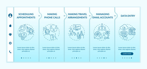Administrative management onboarding vector template. VA professional work. Personal assistant. Responsive mobile website with icons. Webpage walkthrough step screens. RGB color concept
