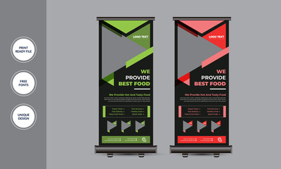 Fast Food Roll Up Banner Design, Roll Up Banner Template. Vector illustration.