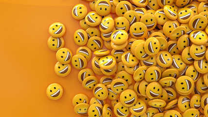 3d rendering of a lot of smiling emojis glossy pills over orange background