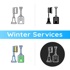 Snow removal tools icon. Instruments for helping you to clean your car. Winter automobile services. Remove ice and snow. Linear black and RGB color styles. Isolated vector illustrations