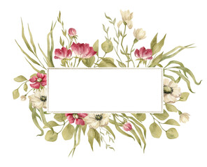 Watercolor frame with greenery and flowers. Wild  flowers and meadow herbs. Botanical frame with nature elements, leaves, plants, branches. Bud, flowers, leaf for invitation, greeting card