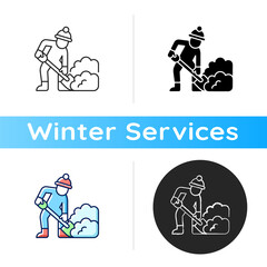 Hand shoveling icon. Removing huge amounts of snow with shovel. Hard work in winter. Cleaning area around your house. Linear black and RGB color styles. Isolated vector illustrations