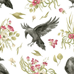 Watercolor seamless pattern with black raven and floral bouquet. Flying birds and arrangement. Vintage background with floral motif. Botanical illustration. Wild flowers and crow