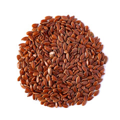 Close-up of flax seeds isolated on white background. Top view