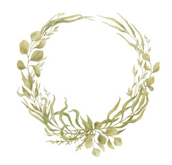 Watercolor wreath with green foliage and flowers. Floral frame with summer plant, leaf, flowers, branches. Nature ornament. Botanical illustration for invitation, card, covers
