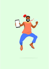 illustration of an african man holding a smartphone jumping and rejoicing.
