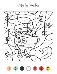 Christmas coloring page by numbers. Cute cartoon Santa Claus reads the letter. Holidays activity worksheet for preschool kids.