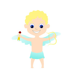 Cute golden-haired cupid smiles jubilantly with his arms outstretched The symbol of Valentine's Day has wings and is dressed in a loincloth. Vector stock illustration isolated on  in cartoon style.