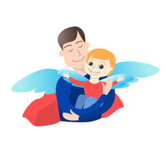 Father in a red cloak and the image of a Superhero holds a small happy child in his arms. The concept of family, single father, fatherhood, childhood. Illustration in flat cartoon style.