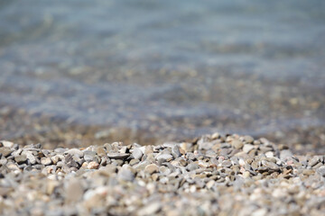 Fototapeta na wymiar Gravel or pebbles on sea shore, defocused. Copy space