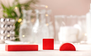 Empty wooden podiums abstract geometric forms for the presentation of products.