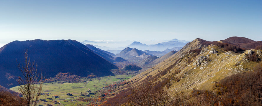 landscape valley of matese mountains and with Letino in the background on Apennines in italy