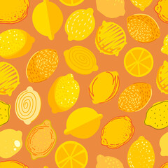 Lemon seamless pattern illustration. Summer design repeated textile with citrus fruits.