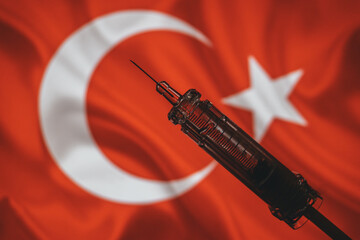 Syringe vial vaccine on flag Turkey background. COVID-19 Pandemic Coronavirus concept. Turkey Vaccination. 