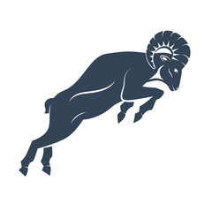 A ram in fighting stance with a large horn jump. Side view. Zodiac astrology symbol of the sheep. Aries illustration vector flat design. Silhuette of a goat as a mascot of fortune and sport