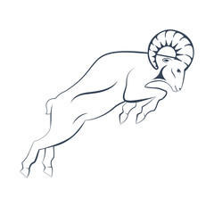 A ram in fighting stance with a large horn jump. Side view. Zodiac astrology symbol of the sheep. Aries illustration vector flat design. Silhuette of a goat as a mascot of fortune and sport