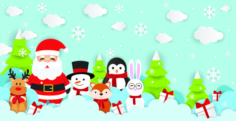 Christmas Background Vector Illustration. Santa Claus, Reindeer, Penguin, Snowman, Rabbit And Fox Vector. Winter Wonder Land Background.