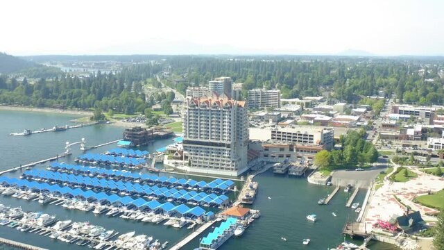 Aerial drone toward Coeur d'Alene on smoky summer day