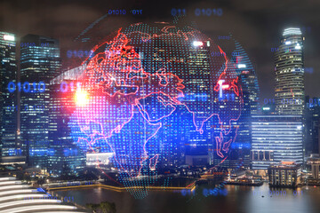 Hologram of Earth planet map on night panoramic cityscape of Singapore, Asia. The concept of international companies. Multi Exposure.