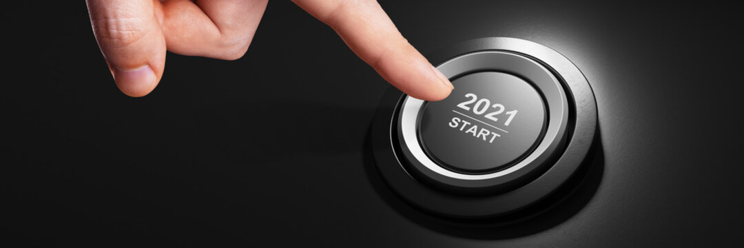 2021 - Press The Start Button. Concept Of The New Year. 3D Illustration