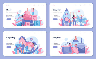 Babysitter service or nanny agency web banner or landing page set.