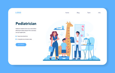 Pediatrician web banner or landing page. Doctor examining a child