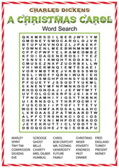 A Christmas carol word search puzzle. Printable worksheet. Logic game for learning English. Find the hidden words. Vector illustration Eps 10